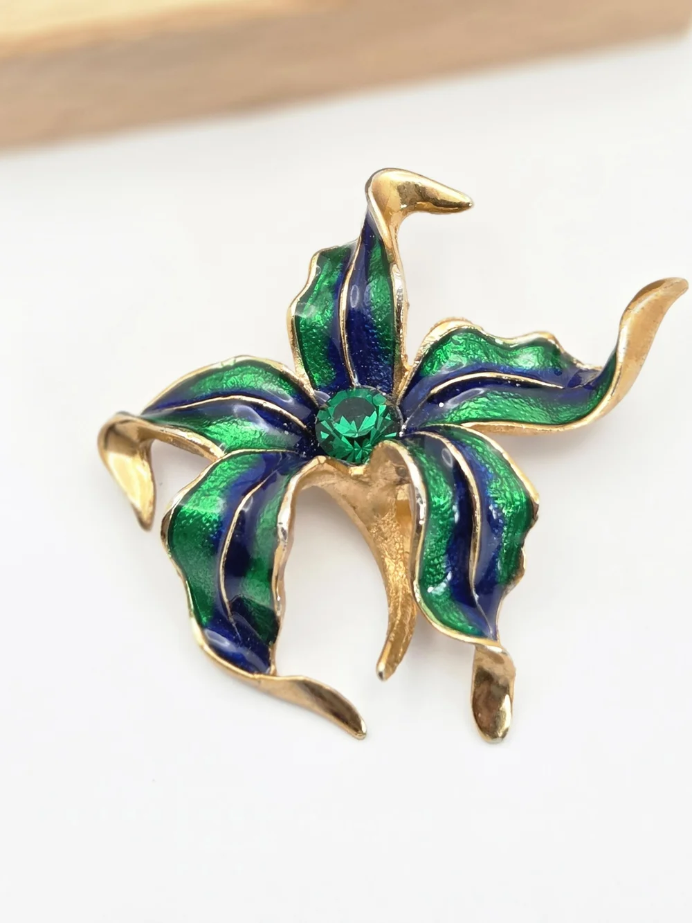 Vintage 3D Enamel Orchid Flower Brooch Blue Green Rhinestone Dimensional Pin
